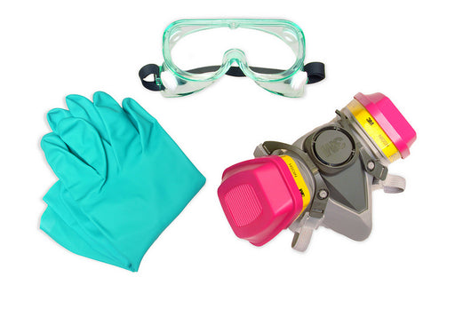 One PPE Kit, inc. goggles, gloves, respirator